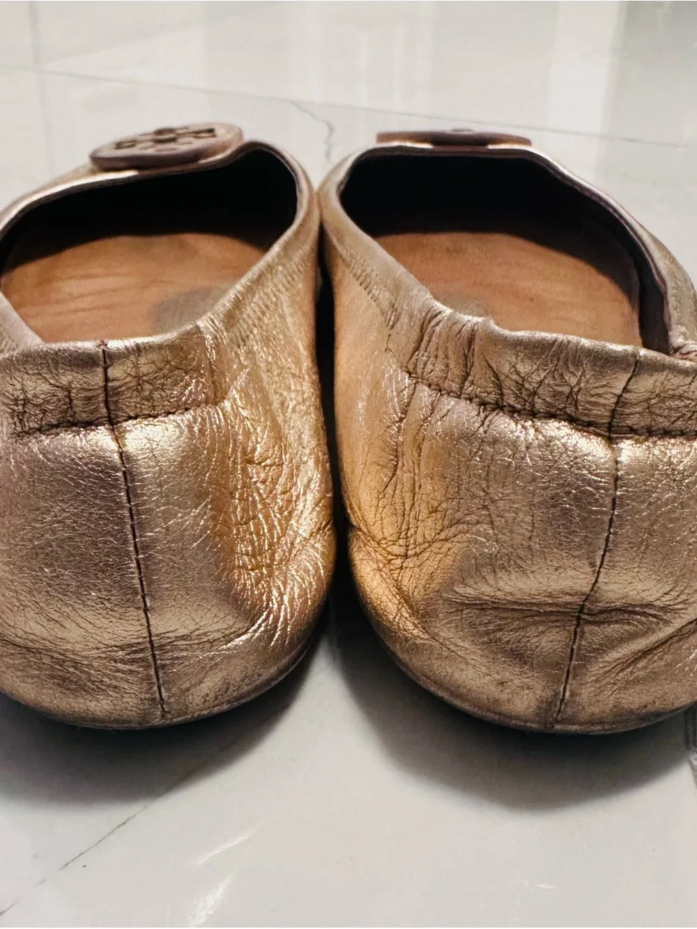 Tory Burch Rose Gold Logo Leather Ballet Flats